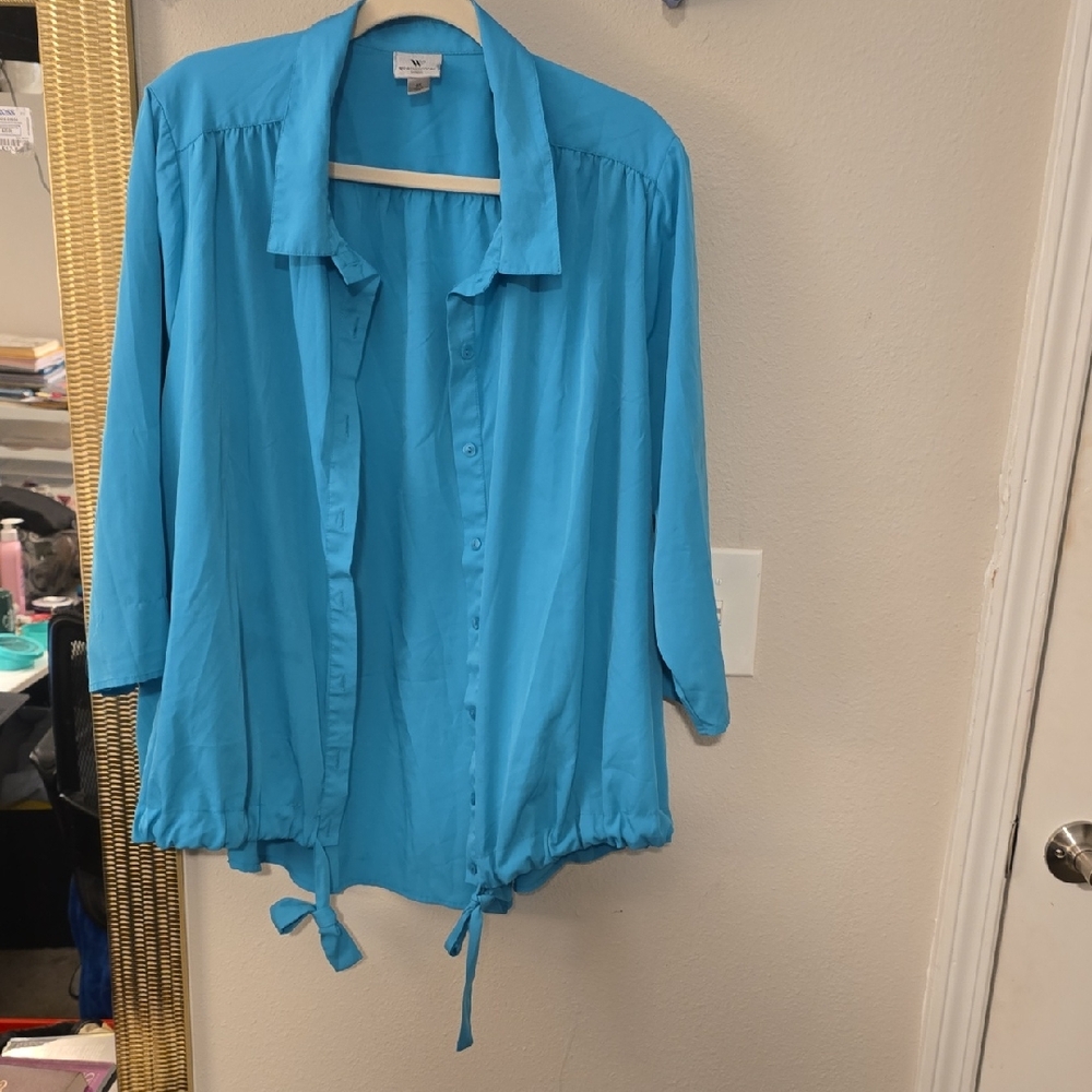 W by Worth Turquoise Button-Down Drawstring Hem Shirt